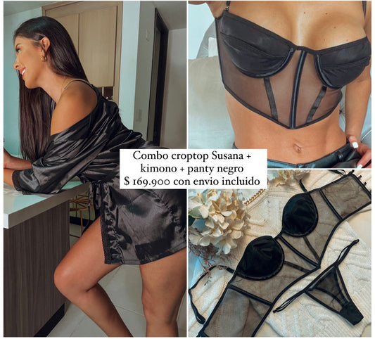 COMBO Crop Top Susana + Kimono + Panty Negro